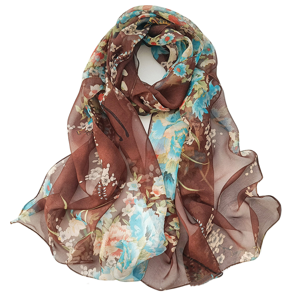 Nouvelle Écharpe Longue en Chiffon Soyeux Imprimé Floral pour Femme, Foulard Doux, Châle de Plage, Voile Hijab