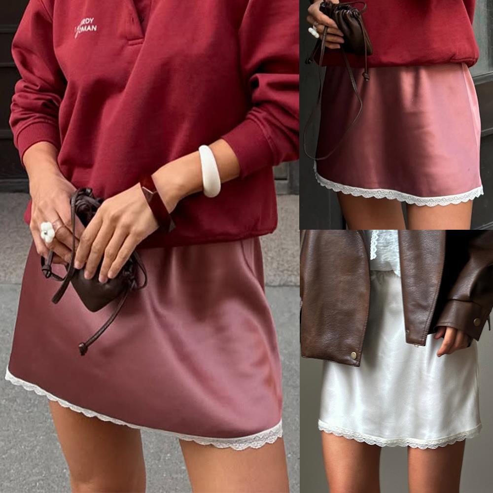 Jupe taille haute Sexy Satin taille élastique jupe femmes Mini jupes dentelle jupe inférieure Style de rue Chic été mince femmes vêtements