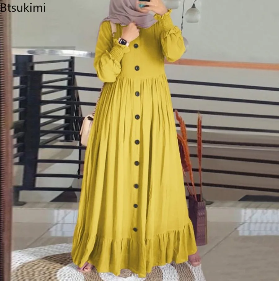 Robe Longue Musulmane pour Femme, Vintage, Manches Pétales, Ourlet à Volants, Décontractée, en Coton et Lin, Maxi, Nouvelle Collection