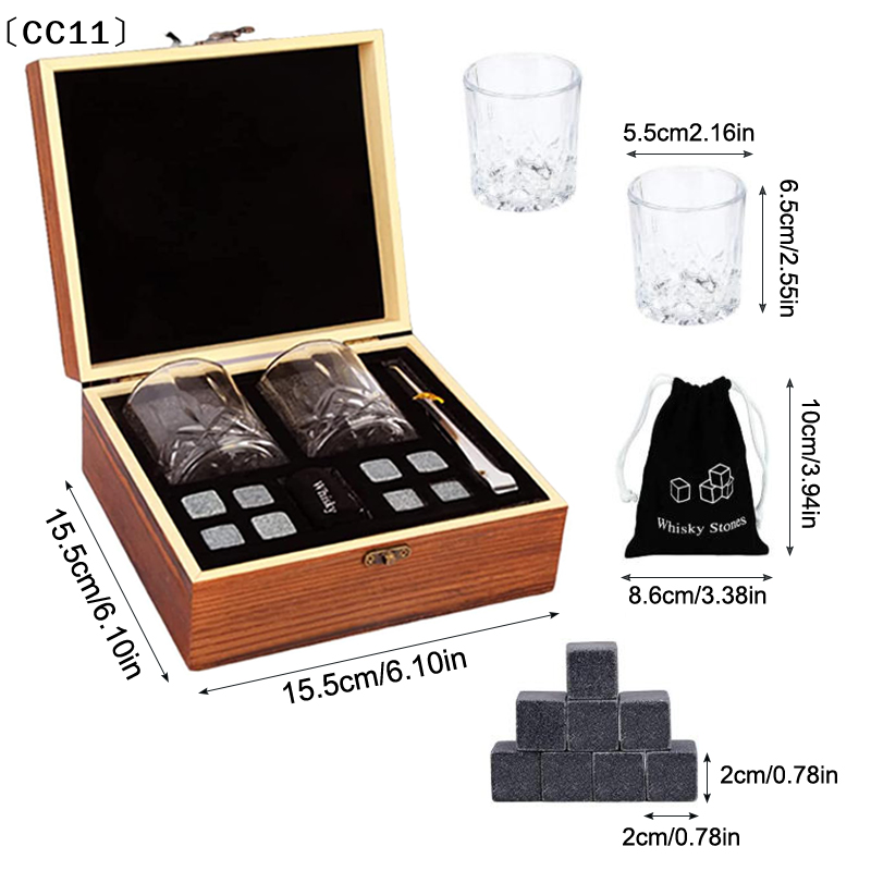 Cadeau pour la fête des pères, ensemble de pierres à whisky, 8 pièces, cubes de glace en granit + 2 tasses pour whisky dans une boîte en bois, cadeau pour papa〔CC11〕