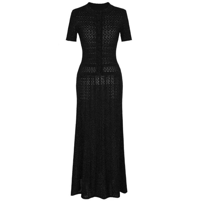 Robes pour femmes 2025 printemps été nouvelle couleur unie col rond manches courtes tricoté décontracté Simple demi bouton conception longue robe