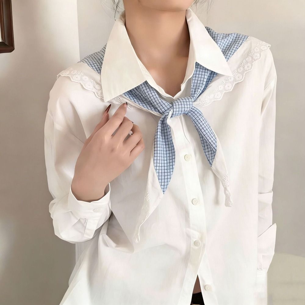 Foulard Triangle en Coton et Lin à Carreaux avec Dentelle Rembourrée pour Femme