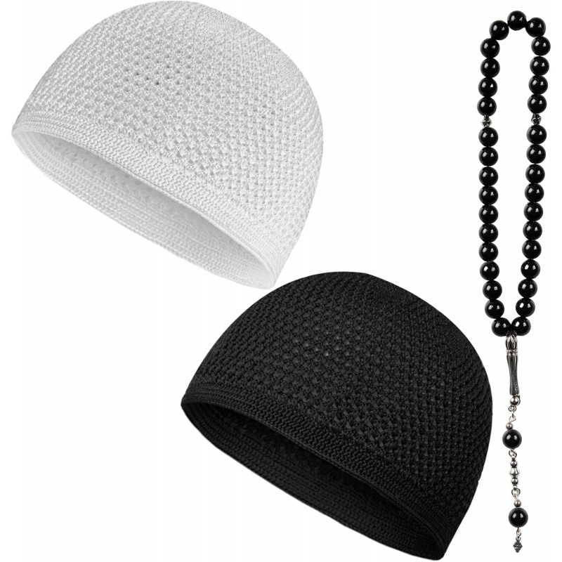 Ensemble de 3 chapeaux Kufi pour hommes, en crochet, Taqiyah respirant et extensible, bonnet noir et blanc, chapeaux de prière islamiques avec 33 perles Tasbih