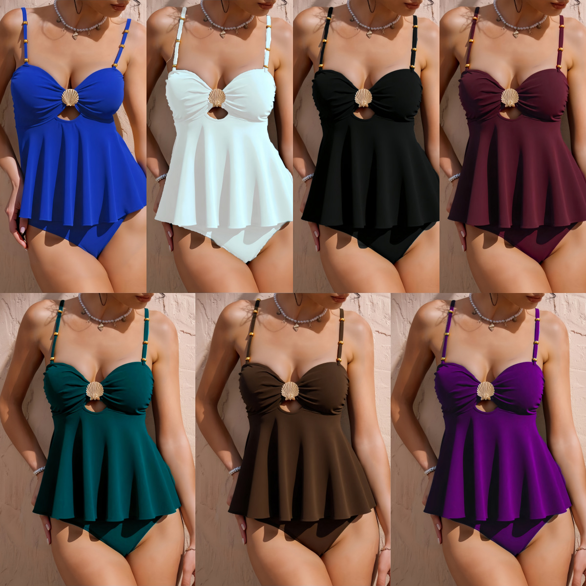 Maillot de bain une pièce pour femme, style plage, à bretelles, col en V, couleur unie, avec couverture dorsale, pour les voyages en bord de mer