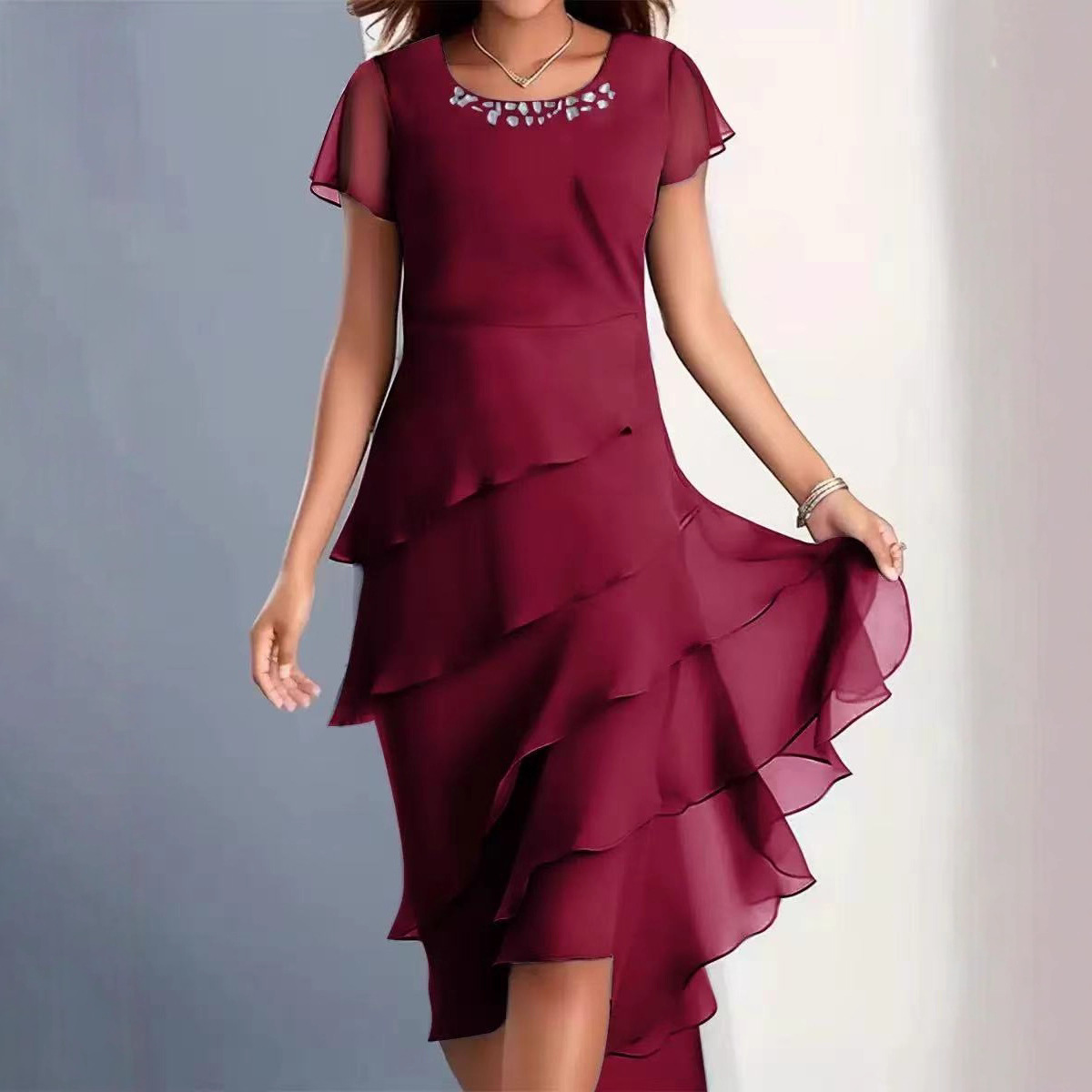 Robes pour femmes 2026 – Robe longue de banquet en mousseline unie à volants superposés, vêtements féminins, vestidos
