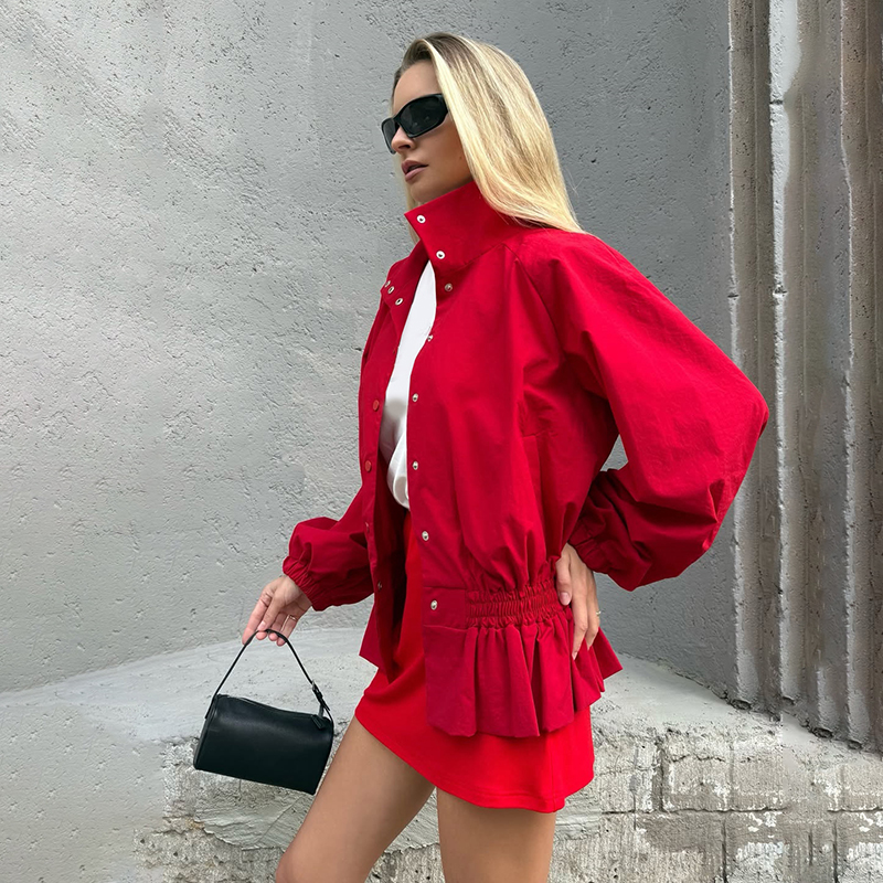 Veste Décontractée Sportive Rouge à Col et Fermeture, Volants Plissés, Taille Ajustable, Manteau Décontracté, Nouvelle Collection Automne 2026, Veste Femme Tendance Streetwear