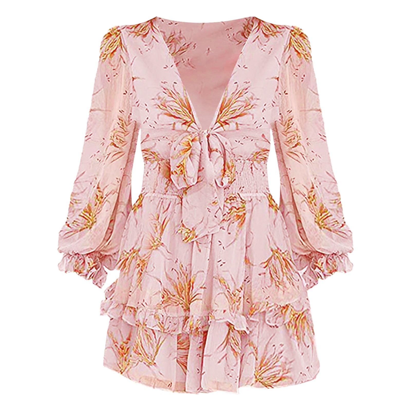 Femmes élégantes robe en mousseline de soie imprimé fleuri volants ourlet à manches longues Mini robes cravate noeud col en v taille haute moulante tenue décontractée