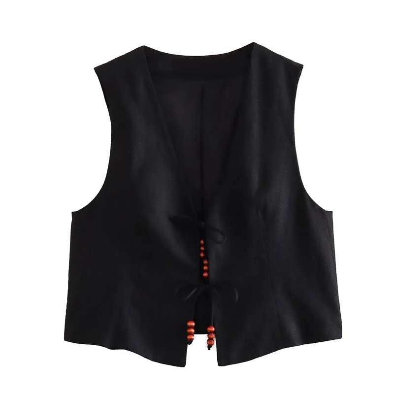 MUJER perles gilet sans manches femme col en V noir recadrée gilet femmes veste attachée manteaux courts gilet femmes mode gilets 2025