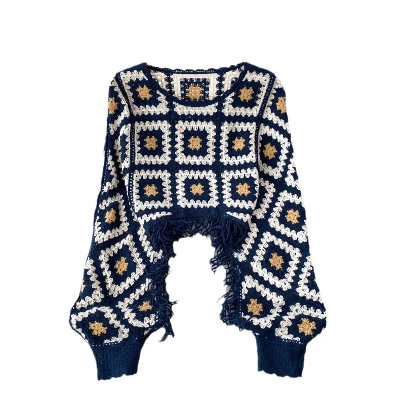 Pull bohème pour femme, col rond, crochet, fleur, creux, pulls vintage pour femme, pulls d'automne à carreaux, pompon, tout-puissant, livraison directe
