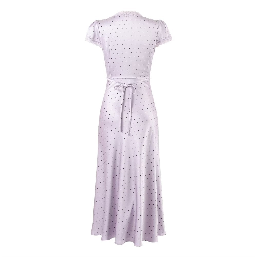 Robe MIDI en dentelle pour femmes, col en v, manches courtes, soirée, imprimé à pois violets, été, 2025