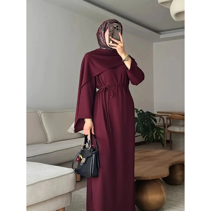 Robe longue élégante décontractée pour femmes, style musulman, couleur unie, manches longues, jupe à lacets