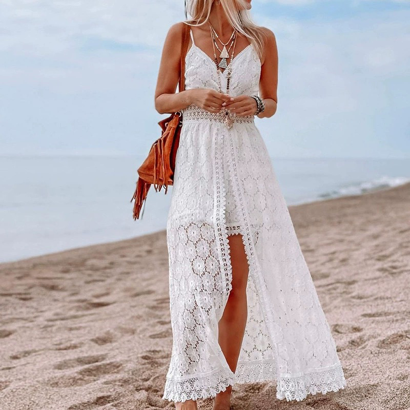 Robe longue bohème sans manches à col en V en dentelle avec pompons, dos nu, bretelles spaghetti, pour les vacances, décontractée, d'été, de plage, maxi, style combinaison pour femme