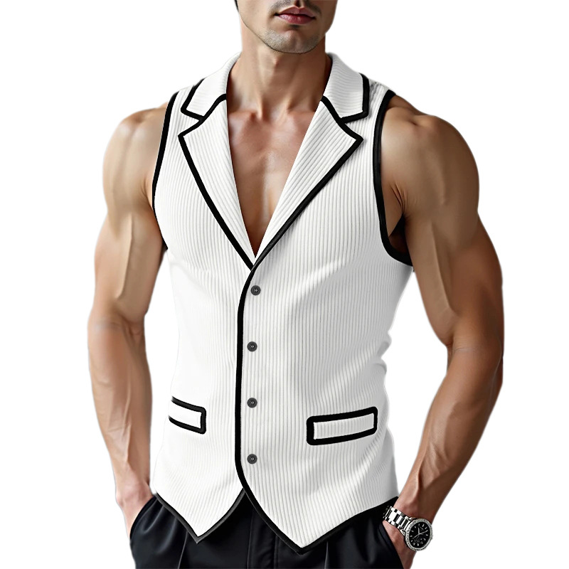 Gilet en velours côtelé pour homme, coupe ajustée, col rabattu, sans manches, pour costume, usage quotidien, patchwork, soirée, banquet, vêtement d'extérieur sans manches