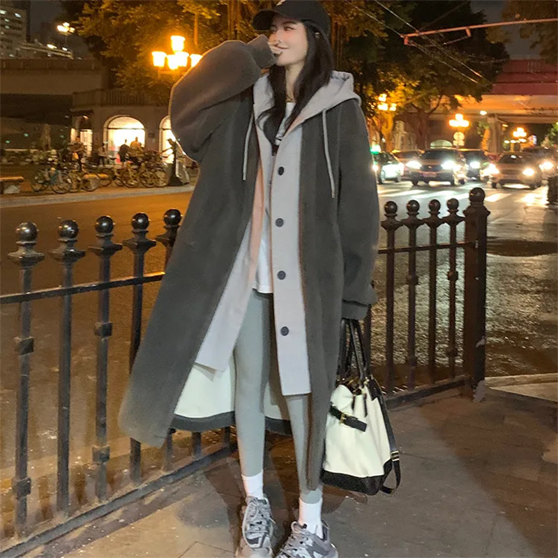 Manteau à capuche en laine d'agneau pour femmes, veste mi-longue, pardessus décontracté, mode coréenne, automne, hiver, nouveau