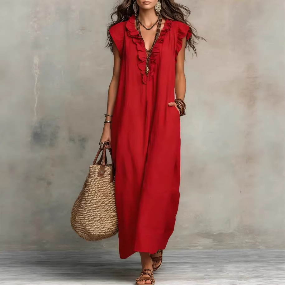 Robe longue patchwork pour femme 2026 – Nouvelle collection été, sans manches, élégante, décontractée, vintage, pour soirée – Vêtements féminins