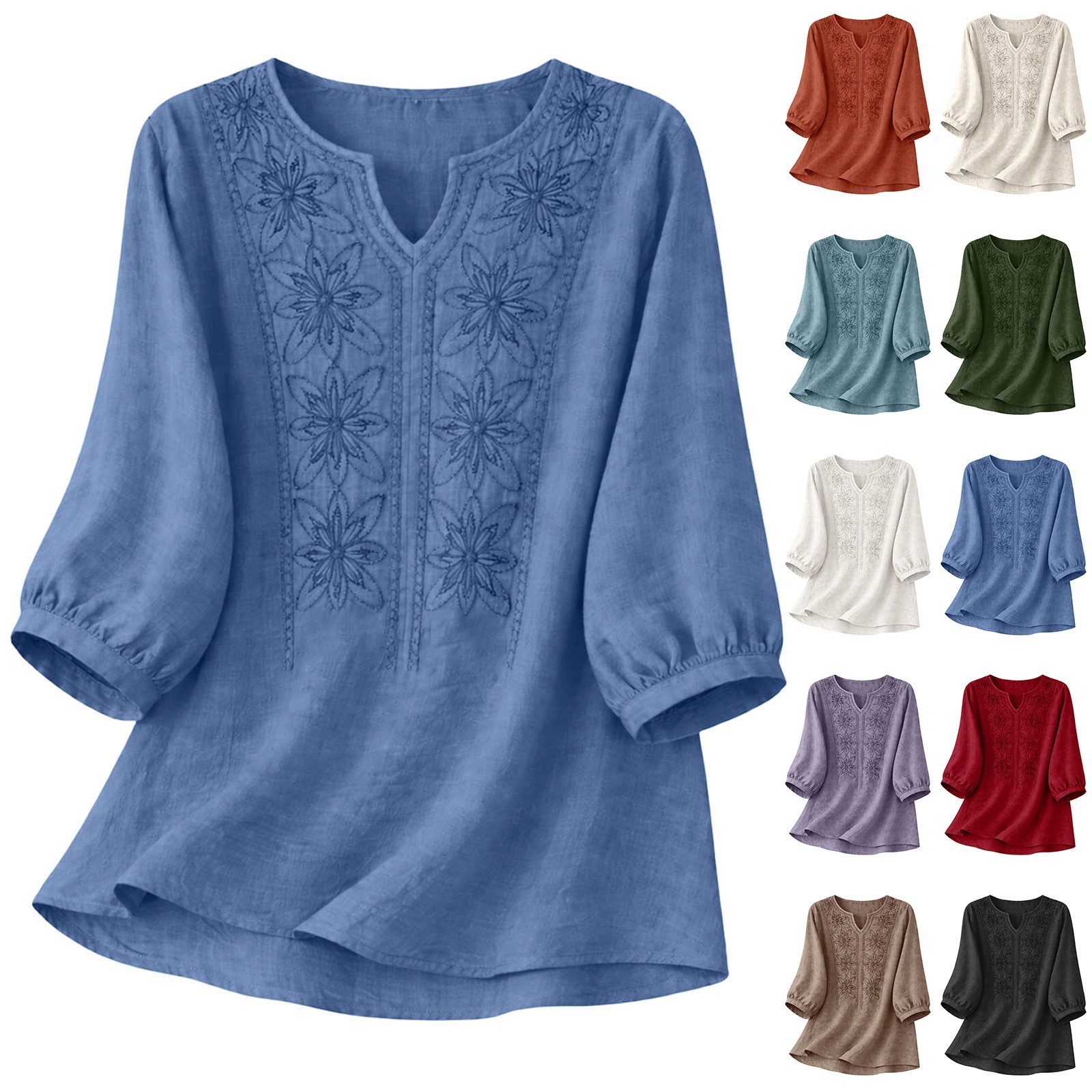 Chemisier en coton et lin pour femmes, broderie florale, col en V, manches 3/4, coupe ample décontractée, tunique pour le bureau, les vacances et le streetwear
