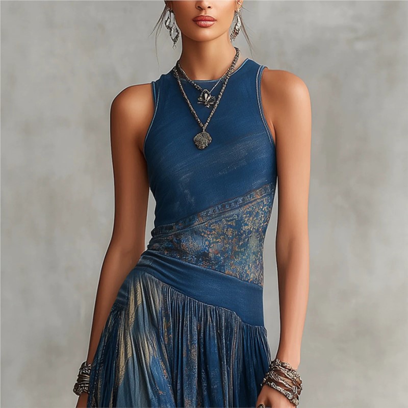 Robe longue décontractée bohème à imprimé numérique pour femme, été 2026, col rond, sans manches, épaules dénudées, style débardeur, pour la plage et les vacances