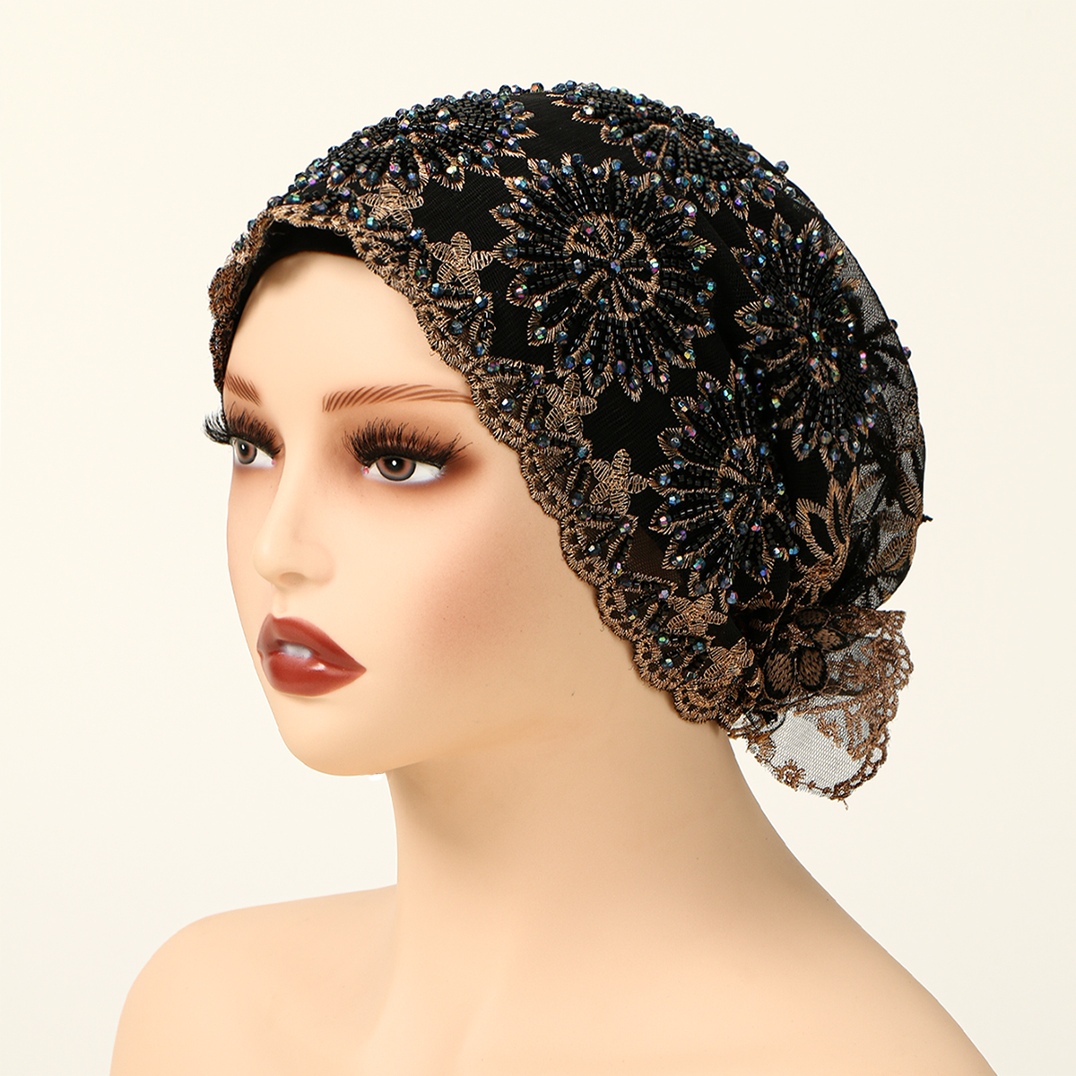 Casquette intérieure en dentelle de perles musulmanes de luxe, couvre-chef islamique élastique pour femmes, casquette de prière élégante, couvre-tête décoratif