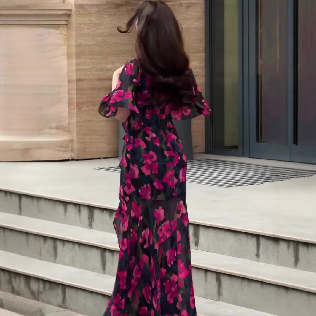 Robes d'été Vintage pour femmes, nouvelle mode américaine et européenne, Sexy, col en v, manches courtes, imprimé floral, longueur cheville, vêtements féminins