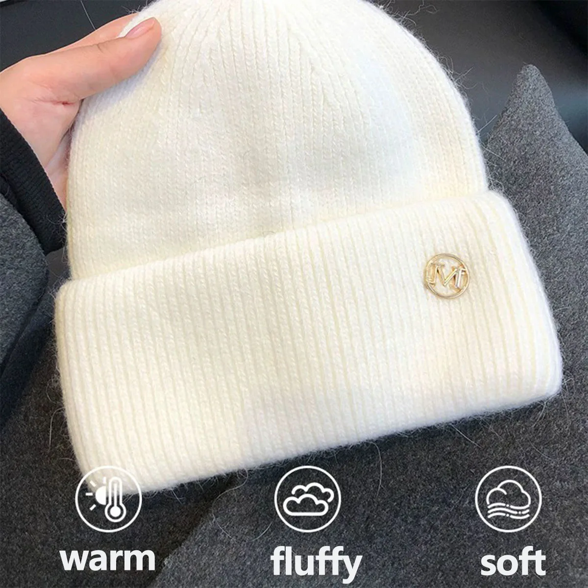 Chapeaux d'hiver pour femmes, bonnet en tricot doux, fourrure de lapin chaude, mignon, couleur unie, casquette ample, décontracté, mode extérieure, solide, couverture de tête pour adulte