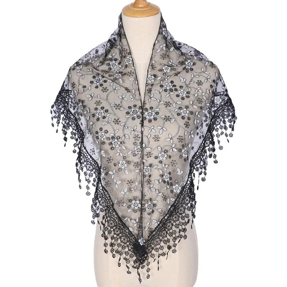 Écharpe triangulaire simple à imprimé floral en dentelle, foulard brodé de style ethnique, accessoires de voile, bandeau pour femme