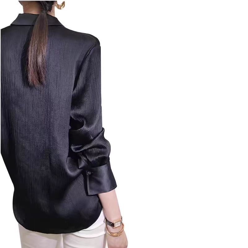 Chemises pour femmes printemps nouveau noir Satin Texture ample à manches longues Blouse élégante bureau dame vêtements de travail mode femme vêtements