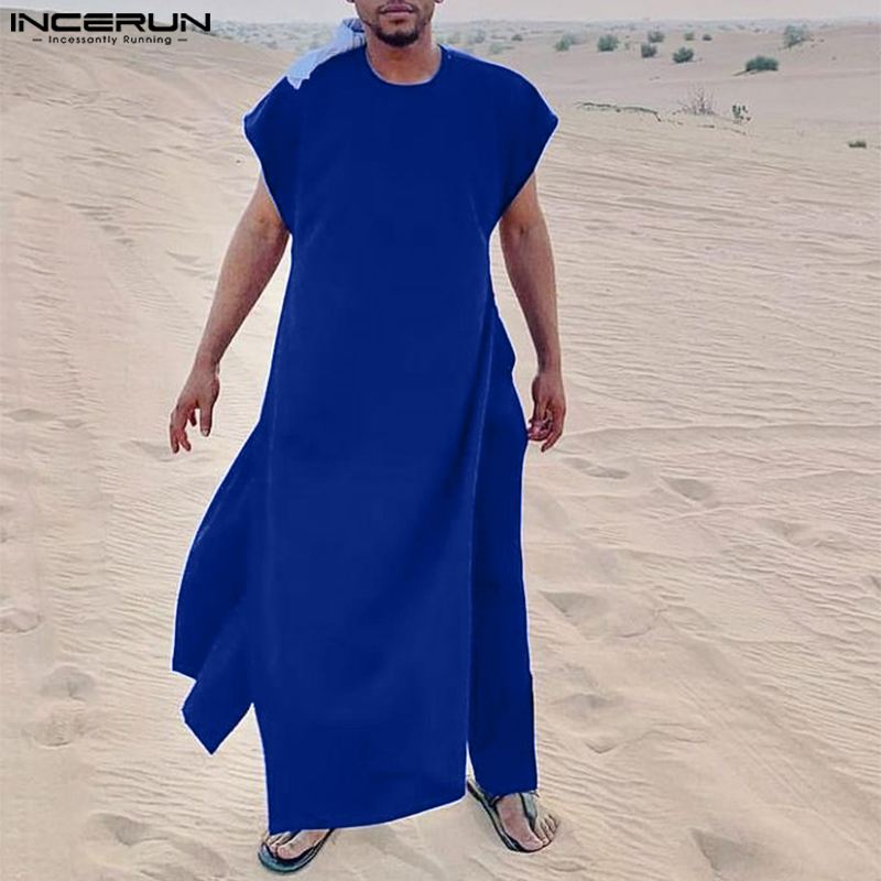 INCERUN hommes ensembles vêtements musulmans arabie saoudite solide col rond sans manches caftan Jubba Thobe & pantalon 2 pièces 2024 costumes pour hommes islamiques
