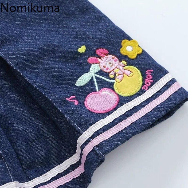 Denim Mini jupes 2025 Faldas Mujer De Moda mignon a-ligne douce Jupe été Chic Saia dessin animé broderie plissée Y2k Jupe femmes