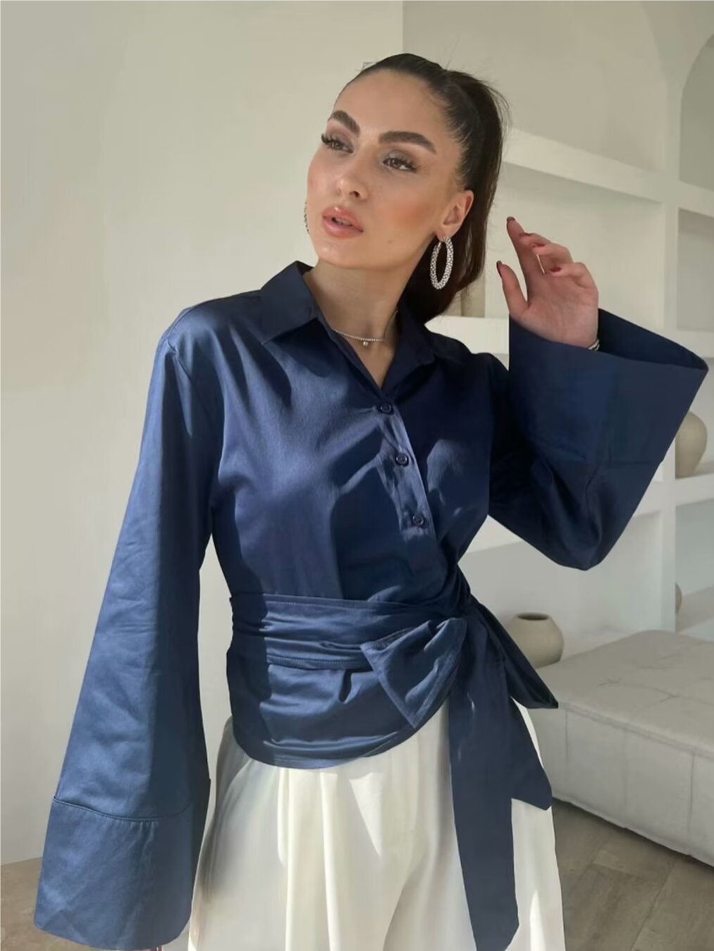 Chemisiers kimono à manches longues pour femmes, chemise en popeline à double boutonnage, col polo décontracté, bouton avant