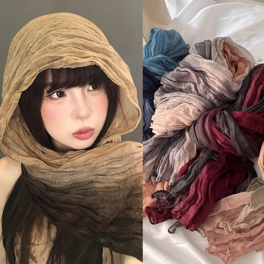 Foulard plissé en coton et chanvre pour femmes, écharpe en lin de couleur dégradée, tendance, châle pliable, coupe-vent, résistant au sable, 2025