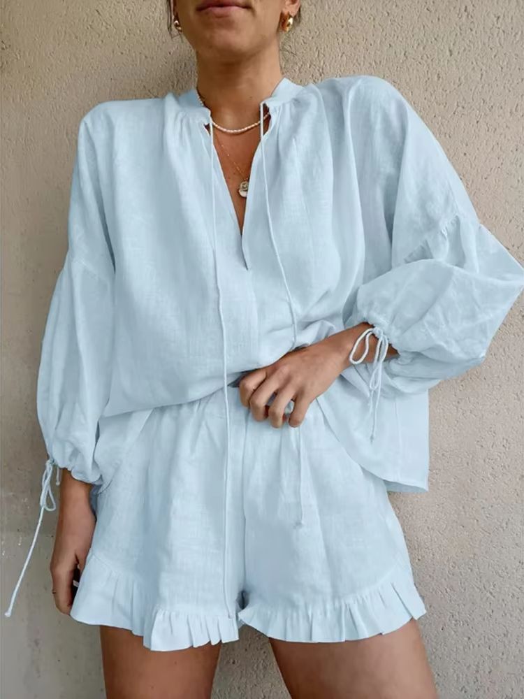 Ensemble pantalon court en coton et lin pour femmes, pull décontracté à manches longues avec Short, ample, Streetwear Y2k, tenue 2 pièces assortie