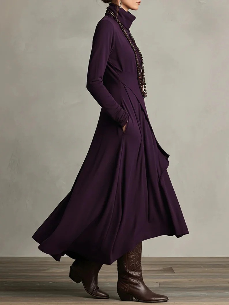 Vêtements d'automne, couleur unie, manches longues, design croisé, col haut, robe une pièce/jupe longue