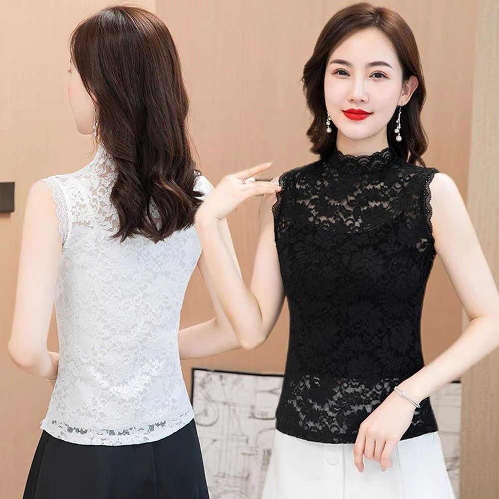 Débardeur à fleurs élégant à col mi-haut, t-shirt élastique noir et blanc, gilet sans manches pour femmes et filles, L-3XL