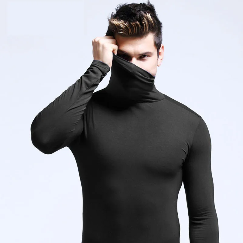 Chemises originales pour hommes T-Shirt automne/hiver vêtements intérieurs à la mode pour hommes chemise à col roulé coupe ajustée chemise à manches longues noire unie