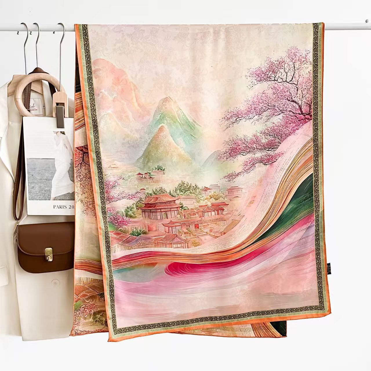Nouveau design original – Châle pour femme en soie Xiangyun, imprimé double face, longue écharpe rétro style national, pour le printemps et l'automne, à porter sur les épaules