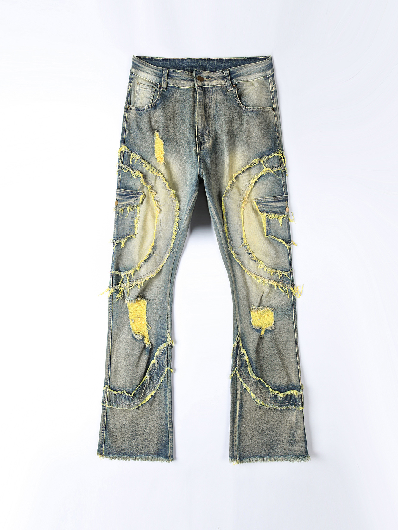 2025 Nouveaux jeans décontractés pour hommes européens et américains, mode punk de rue, rétro, trou déchiré, jeans élastiques à pampilles légèrement évasées