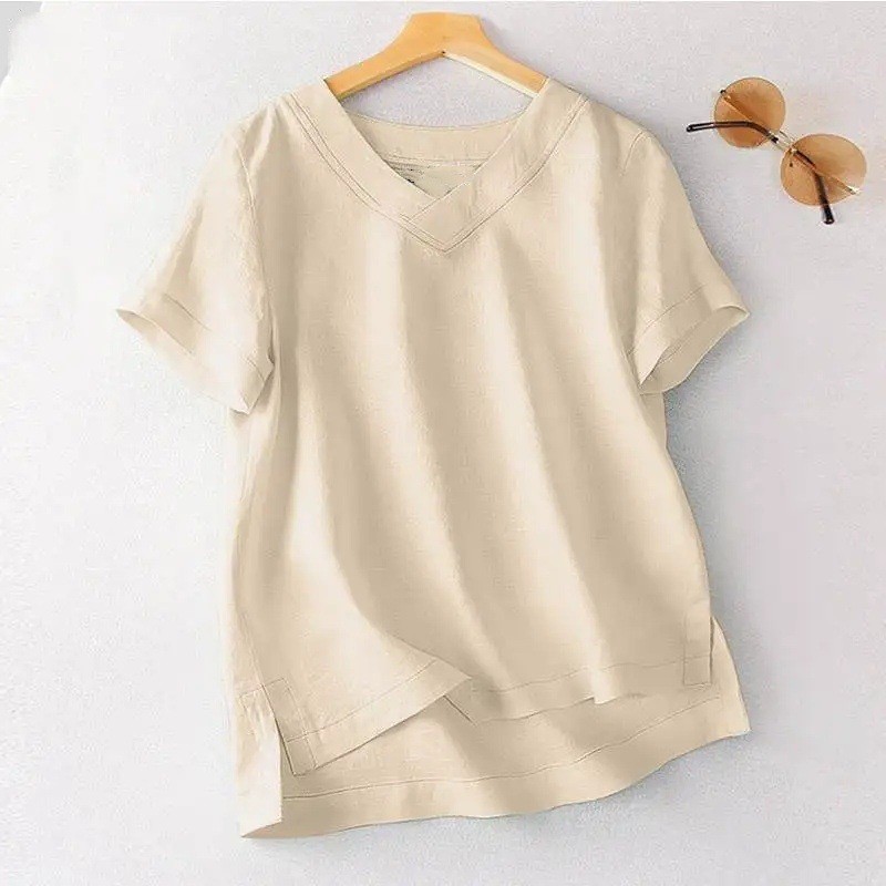 T-shirt d'été grande taille pour femmes, nouveau modèle décontracté en coton uni, col en V, manches courtes, coupe ample