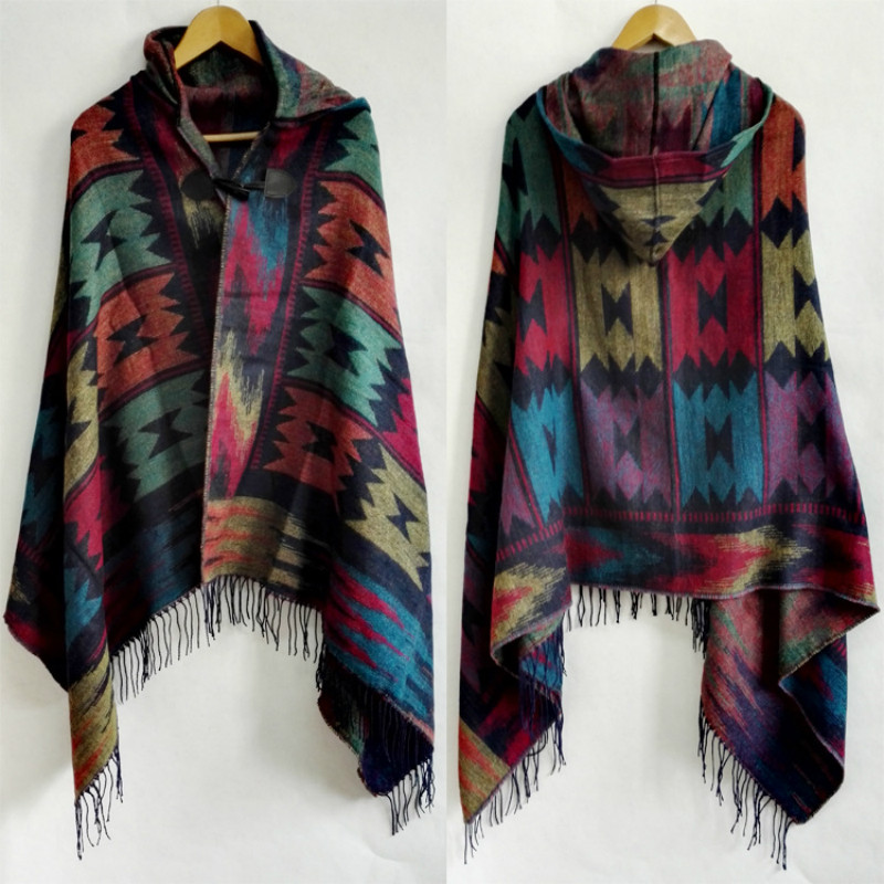 Ethnique multifonction bohème châle écharpe Tribal frange sweats à capuche rayé Cardigans couvertures Cape châle Poncho avec gland