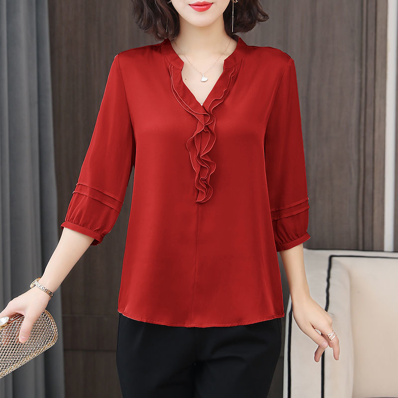 Chemise printemps et été pour femmes, manches trois-quarts, col en v, ample et ajustée, haut à volants, DF3732