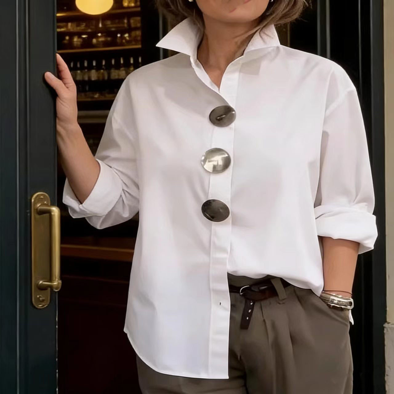 Chemisier Chic Femme à Trois Boutons Manches Longues Élégant Oversize Vintage Printemps Basique Col Haut pour Vacances