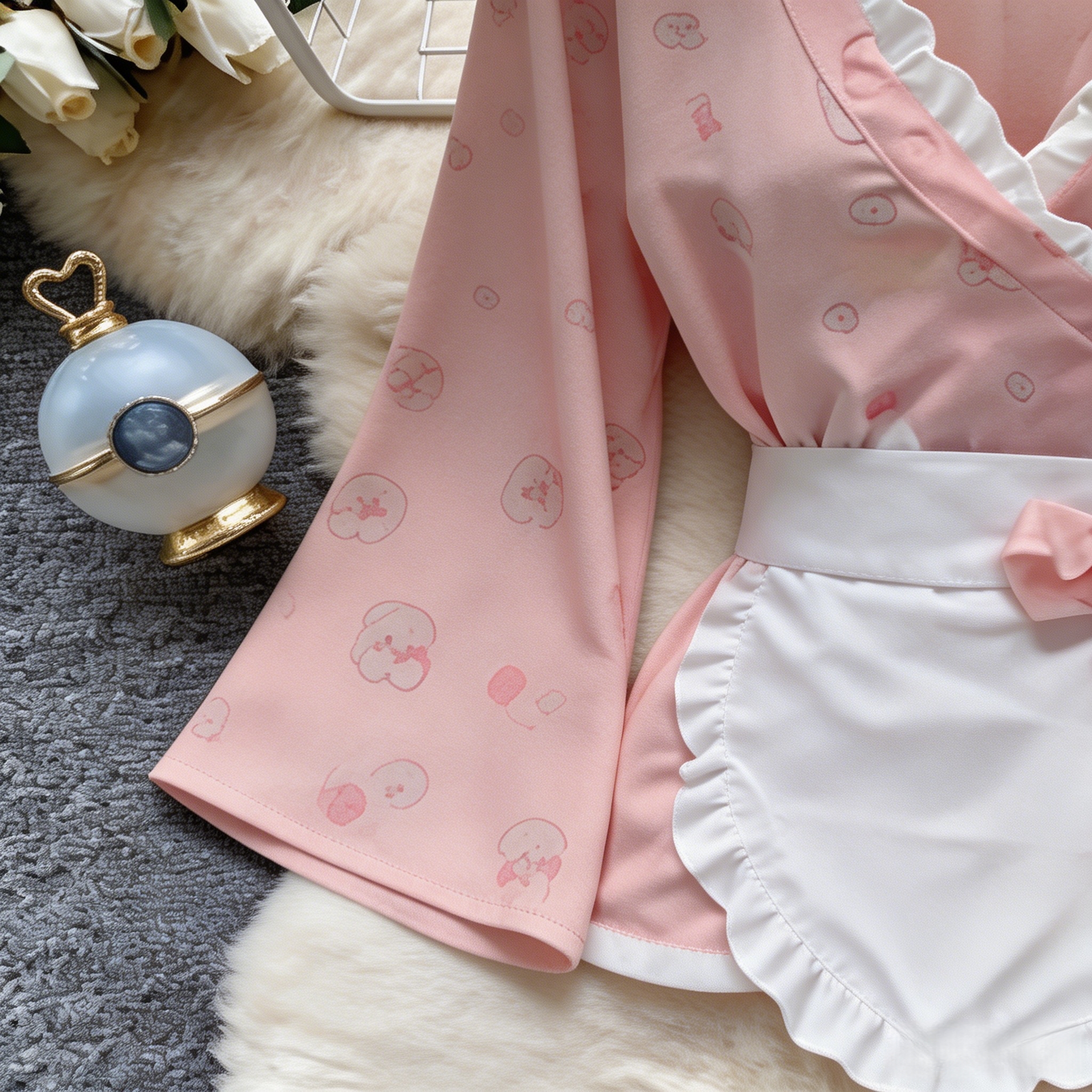 Robe sexy imprimé lapin, kimono tentation, robe à manches longues ajustée avec nœud, mignonne, douce, pure, désirable, charmante et élégante