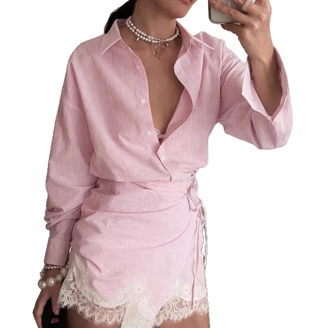 Ensemble chemise et jupe à rayures en dentelle pour femme, manches longues, printemps-été 2026, nouveau style, tenue élégante et décontractée