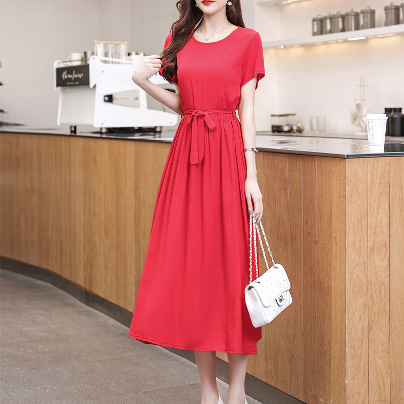 Nouvelle mode robes d'été pour les femmes 2025 élégant décontracté à manches courtes robe Midi couleur unie femmes vêtements