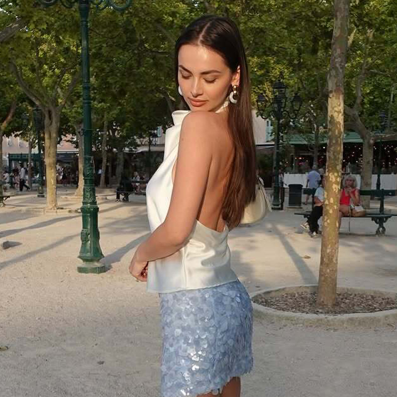 Haut court en satin pour femme, dos nu, style licou, épaules dénudées, débardeur sexy, camisole de plage