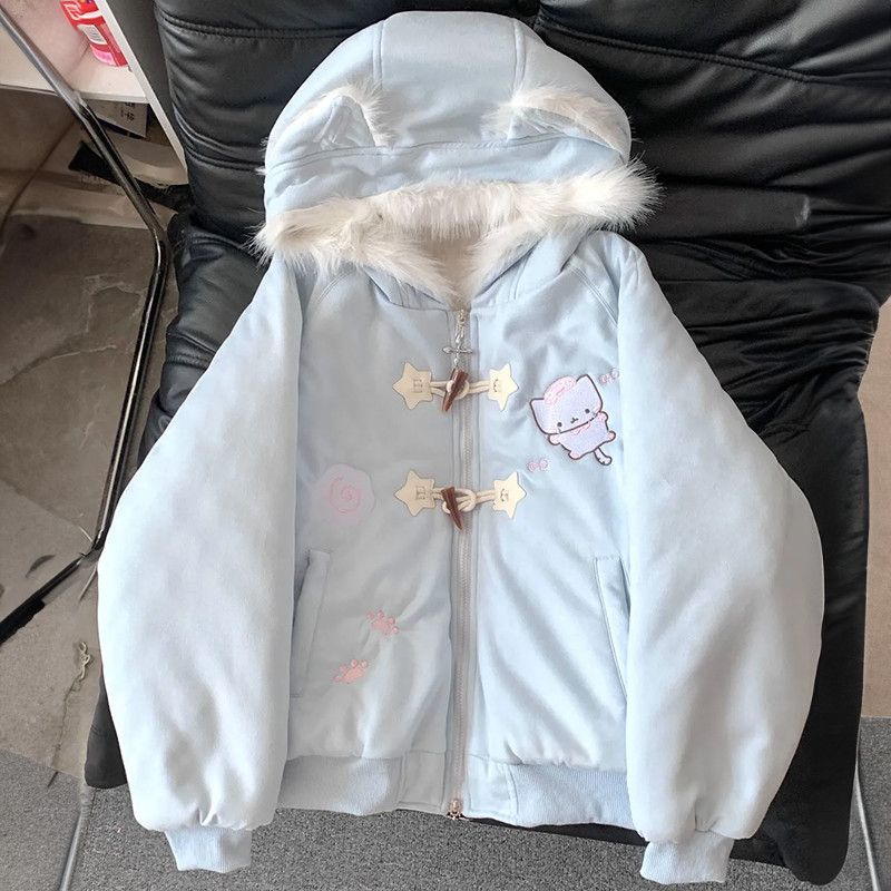 Parka Lolita brodée de dessin animé Style Preppy japonais pour femme, manteau à capuche en fourrure, Patchwork, Harajuku Y2k, vêtements chauds d'hiver