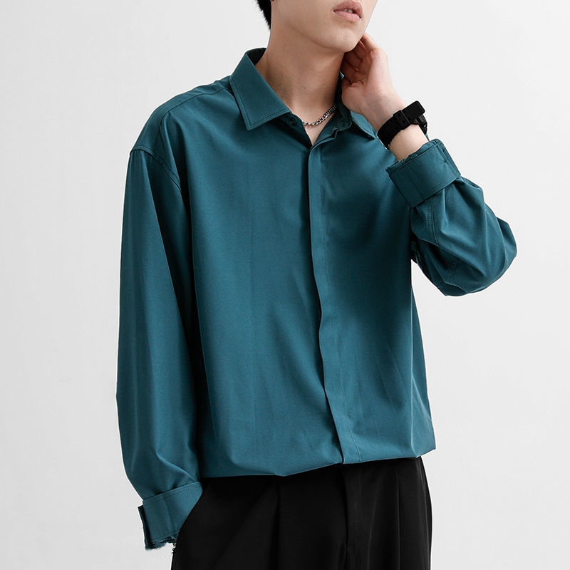 Chemises drapées coréennes pour hommes, revers de document solide, manches longues, glace, boutons décontractés, vêtements pour hommes, nouveau