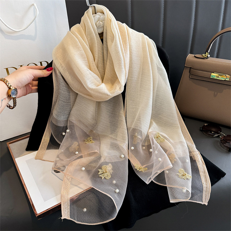 Écharpe de Luxe en Laine Brodée Florale pour Femme, Hijab, Pashmina, Long Châle de Plage, Bandana, 2024