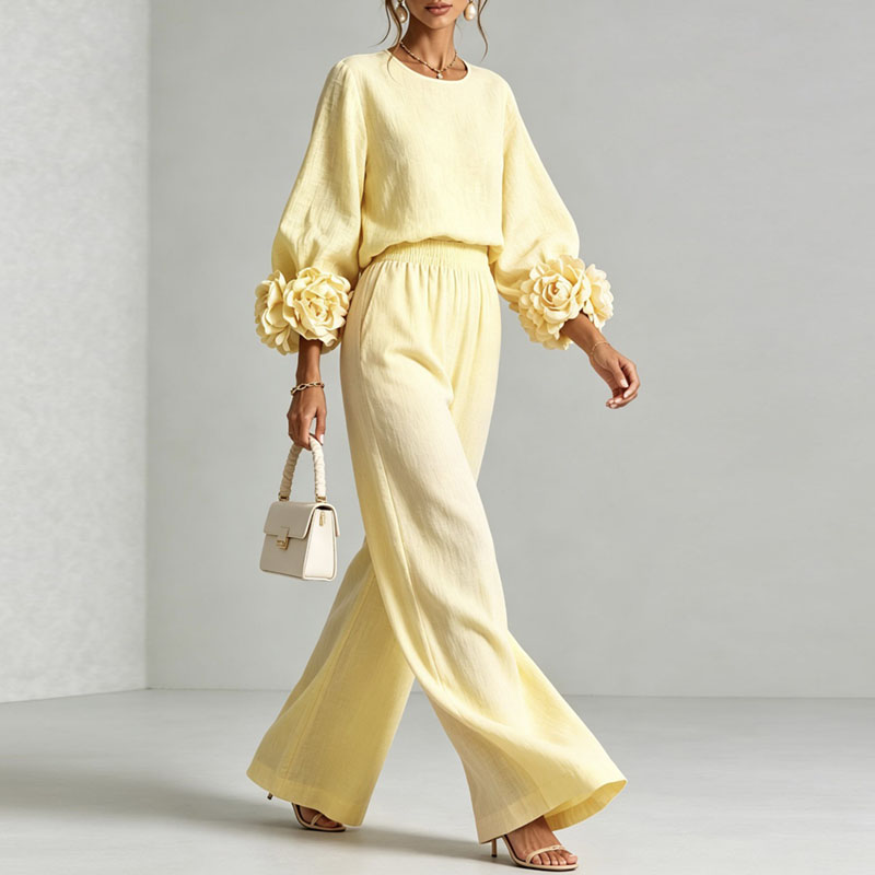 Ensemble 2 pièces pour femme : Haut à col rond et manches longues bouffantes avec motif floral 3D + Pantalon large à taille élastique – Tenue élégante pour les fêtes, décontractée ou de bureau