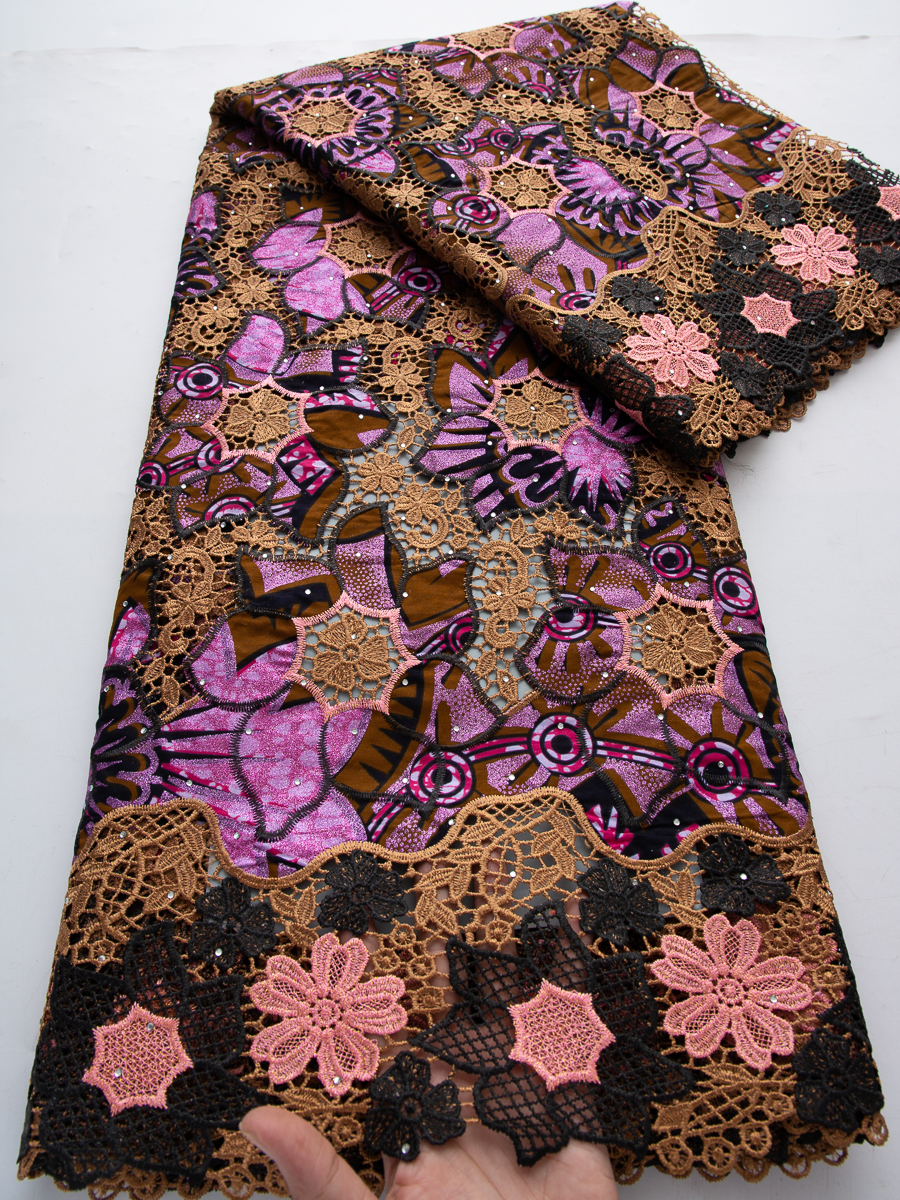 Tissu en dentelle cirée africaine 100 % coton avec paillettes, 5Y, dentelle cordonnée 3D brodée douce et tendance pour robes féminines, dentelle à broder pour la couture