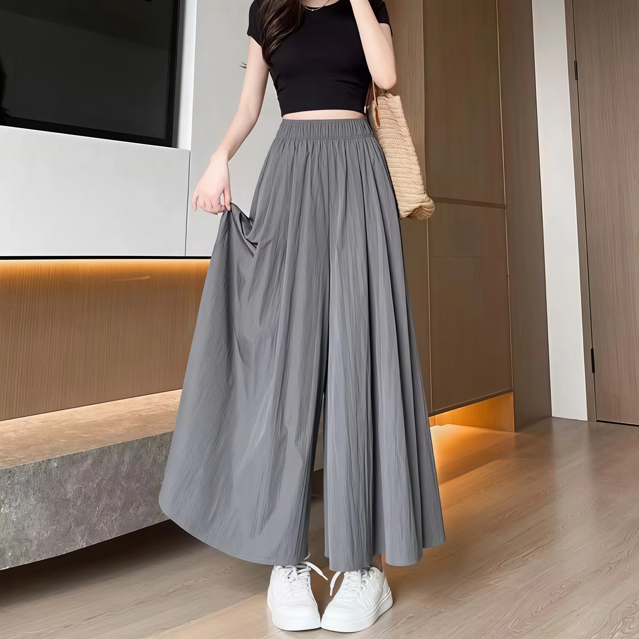 Pantalon-jupe d'été en soie glacée pour femmes, taille haute, élastique, plissé, à jambes larges, ample, fluide, léger, décontracté, long, style palazzo.